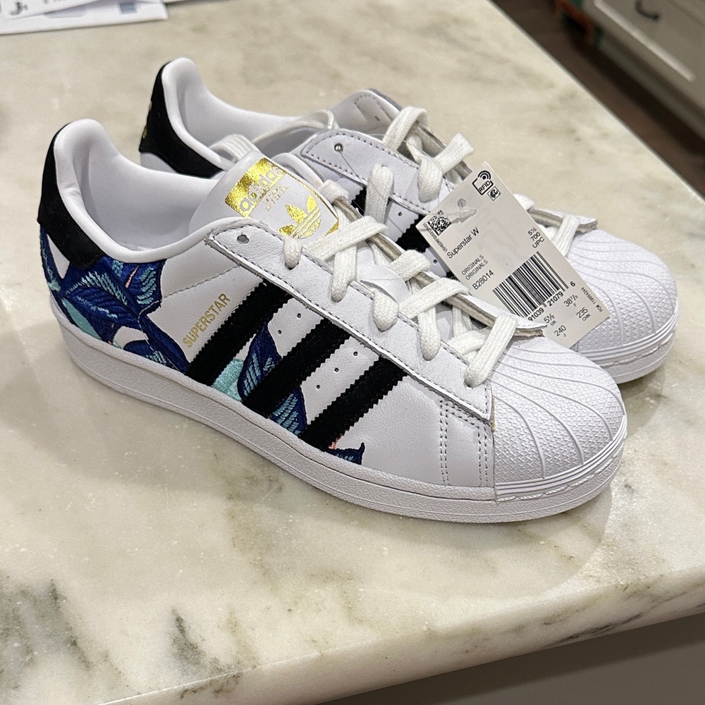 Adidas Superstar White and Black with Blue Floral Accents